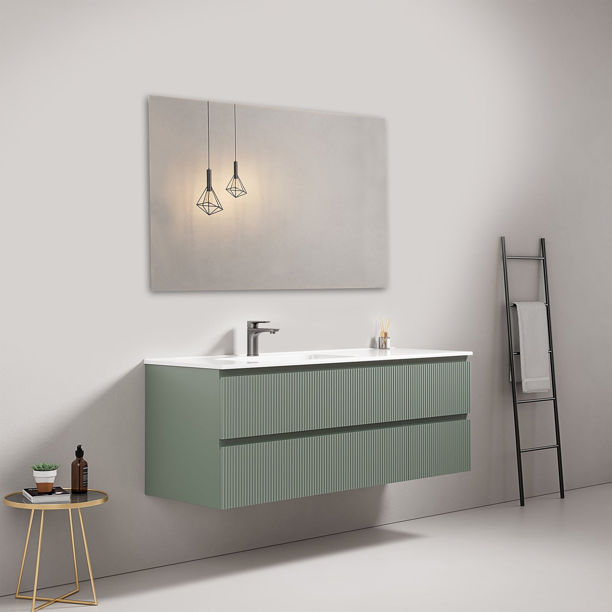 Mobile bagno sospeso cannettato 140 cm Verde Salvia Lavabo a Sinistra in Resina Specchio Quadro - Fiji Paint