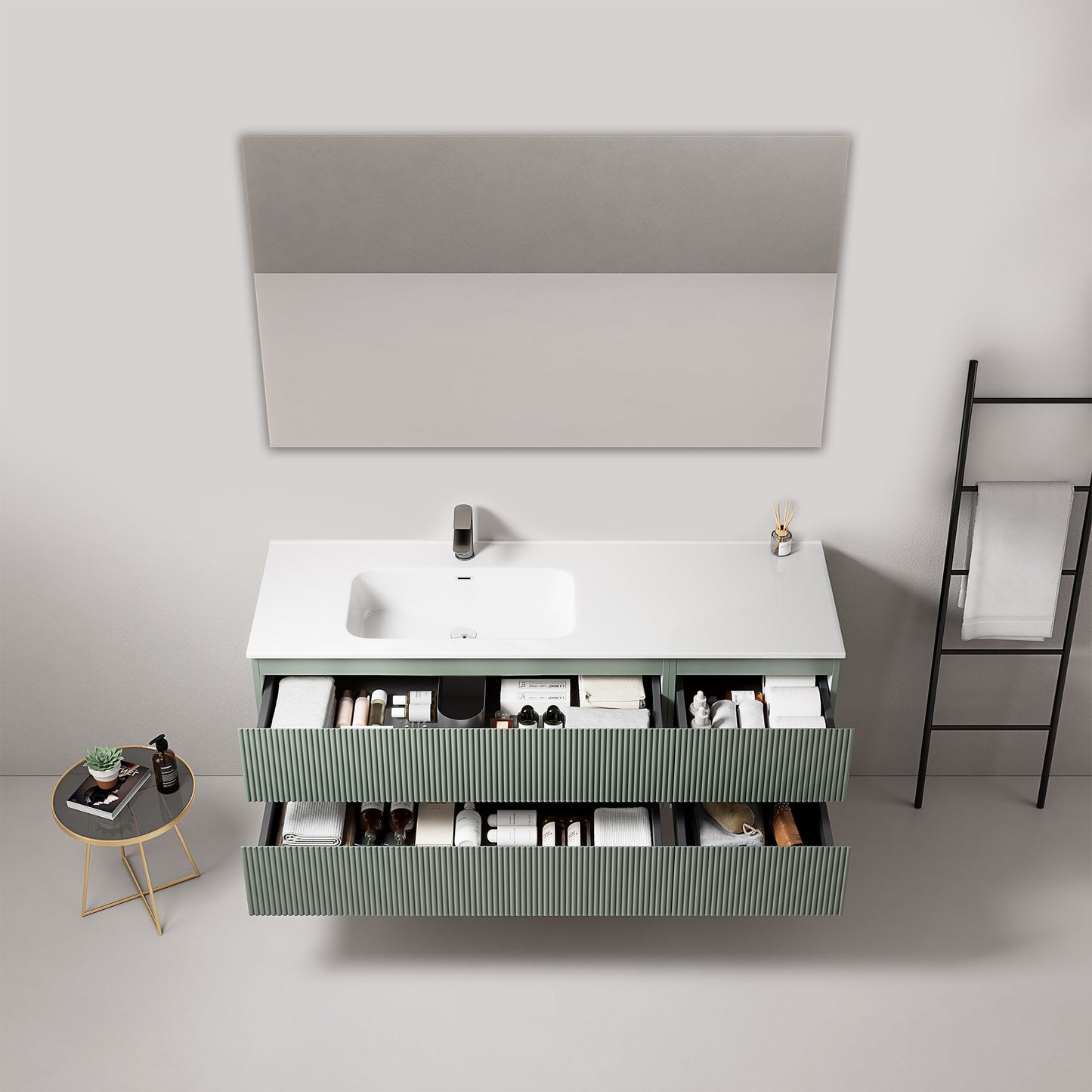 Mobile bagno sospeso cannettato 140 cm Verde Salvia Lavabo a Sinistra in Resina Specchio Quadro - Fiji Paint