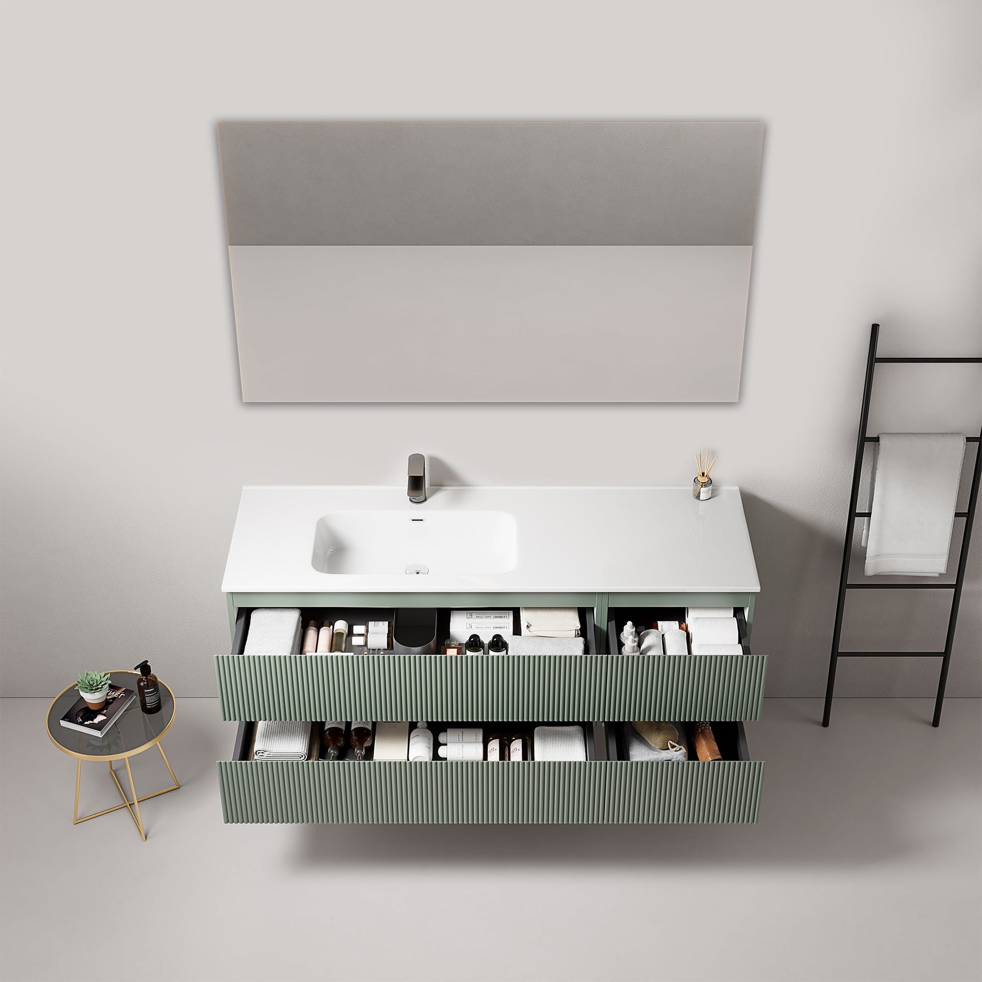 Mobile bagno sospeso cannettato 140 cm Verde Salvia Lavabo a Sinistra in Resina Specchio Quadro - Fiji Paint