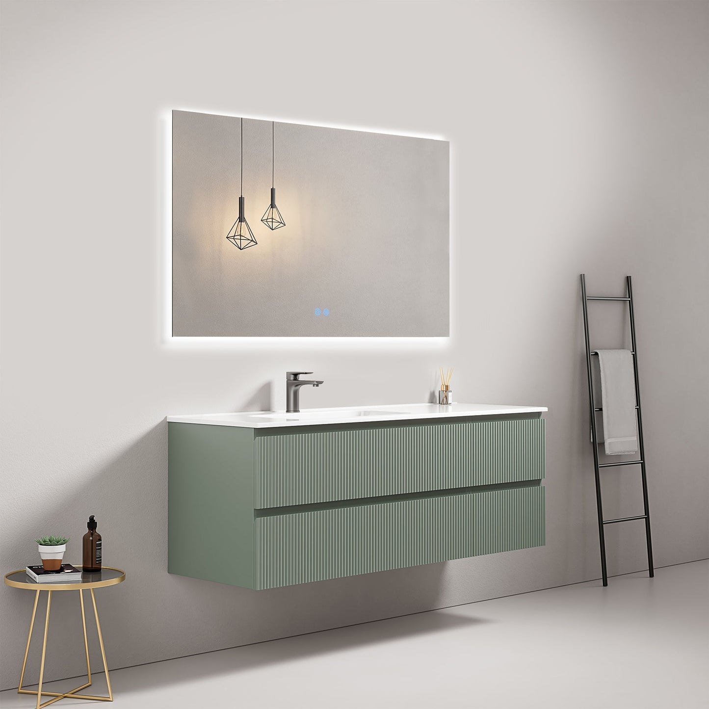 Mobile bagno sospeso cannettato 140 cm Verde Salvia Lavabo a Sinistra in Resina Specchio Quadro Retroilluminato - Fiji Paint.