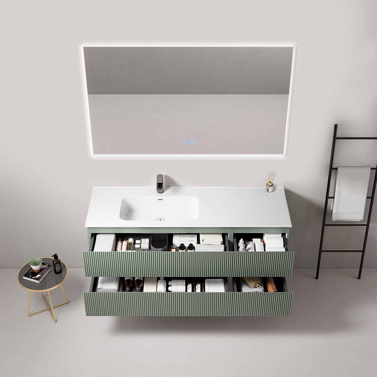 Mobile bagno sospeso cannettato 140 cm Verde Salvia Lavabo a Sinistra in Resina Specchio Quadro Retroilluminato - Fiji Paint