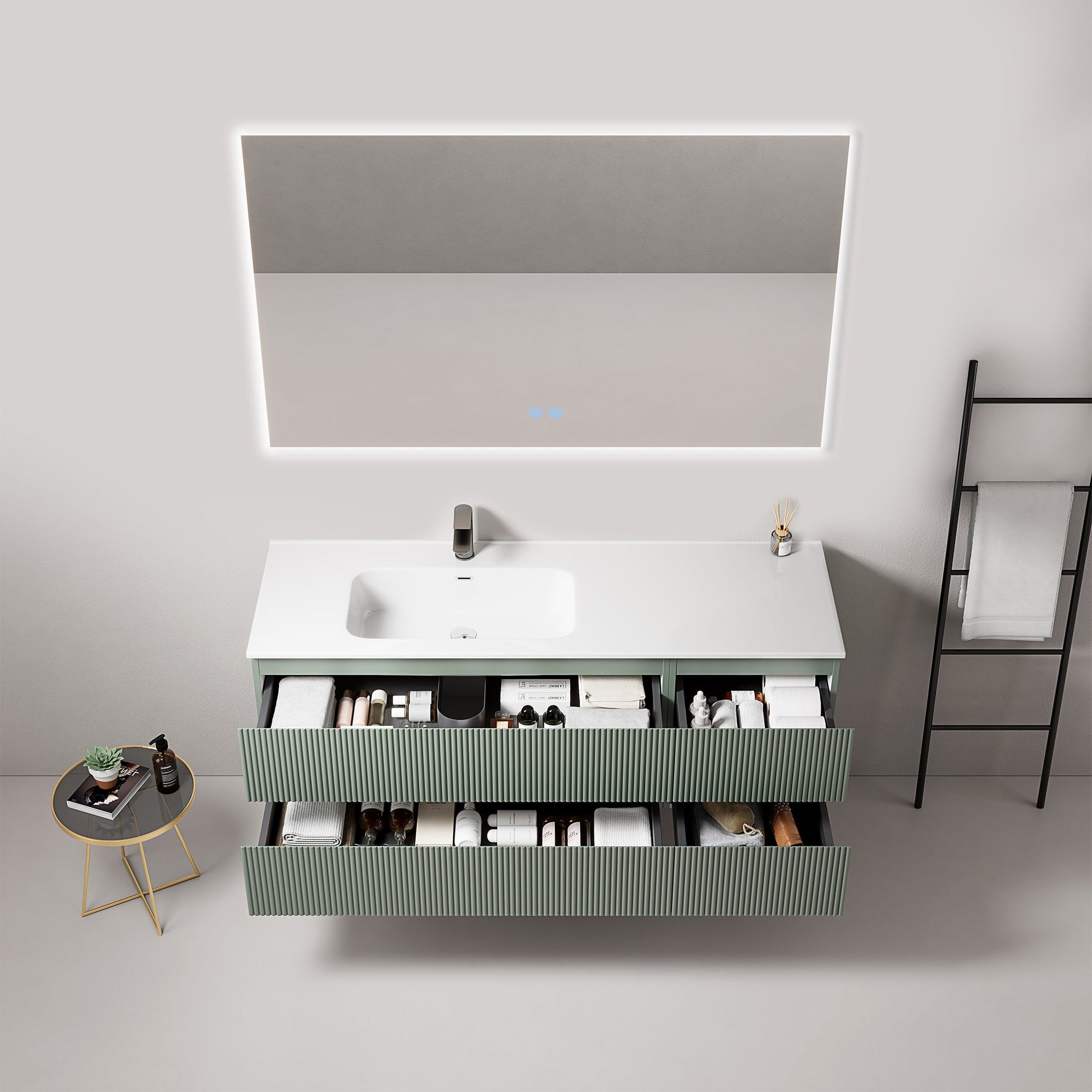 Mobile bagno sospeso cannettato 140 cm Verde Salvia Lavabo a Sinistra in Resina Specchio Quadro Retroilluminato - Fiji Paint