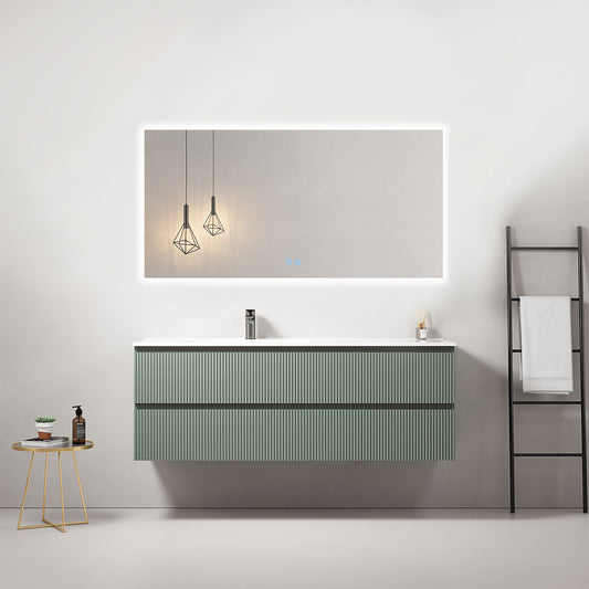 Mobile bagno sospeso cannettato 140 cm Verde Salvia Lavabo a Sinistra in Resina Specchio Quadro Retroilluminato - Fiji Paint