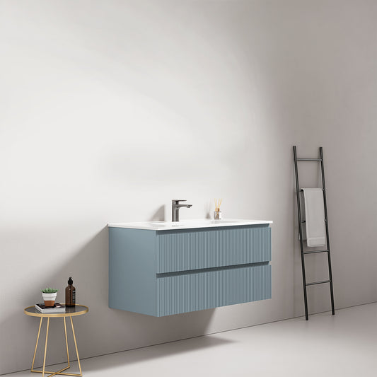 Mobile bagno sospeso cannettato 100 cm Blu Avio Lavabo in Ceramica Senza Specchio - Fiji Paint
