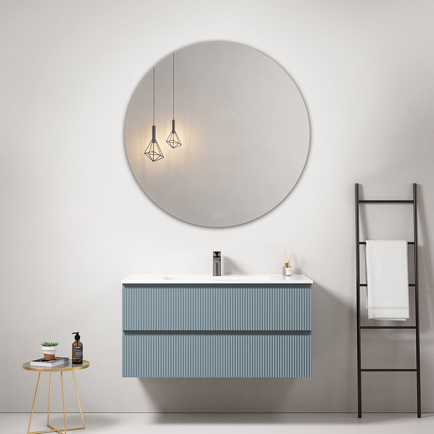 Mobile bagno sospeso cannettato 100 cm Blu Avio Lavabo in Ceramica Specchio Tondo - Fiji Paint