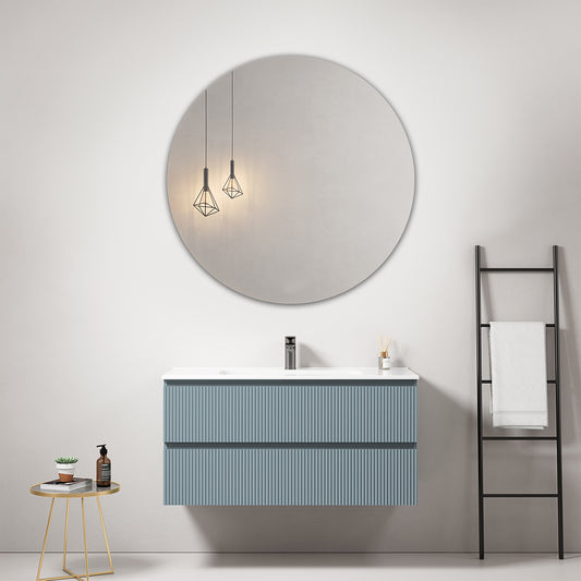Mobile bagno sospeso cannettato 100 cm Blu Avio Lavabo in Ceramica Specchio Tondo - Fiji Paint