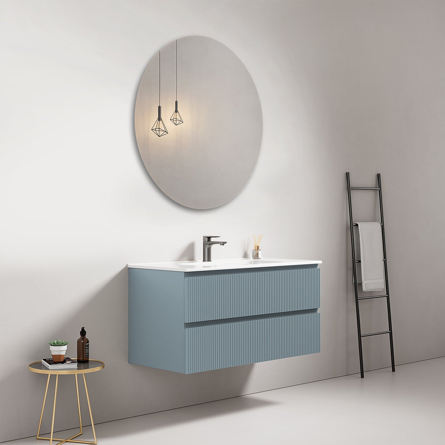 Mobile bagno sospeso cannettato 100 cm Blu Avio Lavabo in Ceramica Specchio Tondo - Fiji Paint