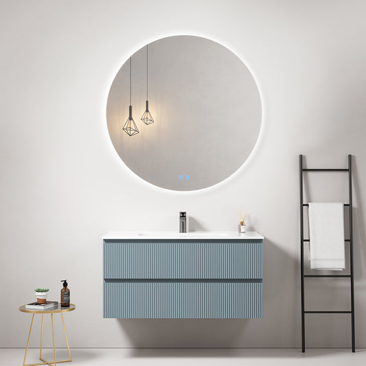 Mobile bagno sospeso cannettato 100 cm Blu Avio Lavabo in Ceramica Specchio Tondo Retroilluminato - Fiji Paint