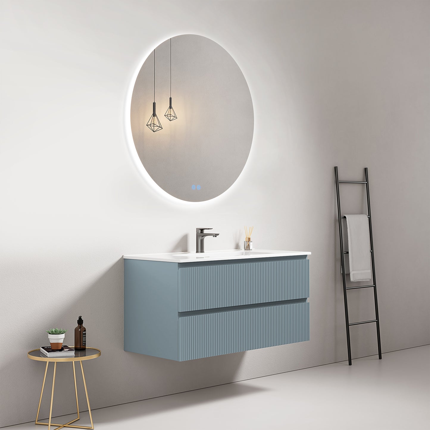 Mobile bagno sospeso cannettato 100 cm Blu Avio Lavabo in Ceramica Specchio Tondo Retroilluminato - Fiji Paint