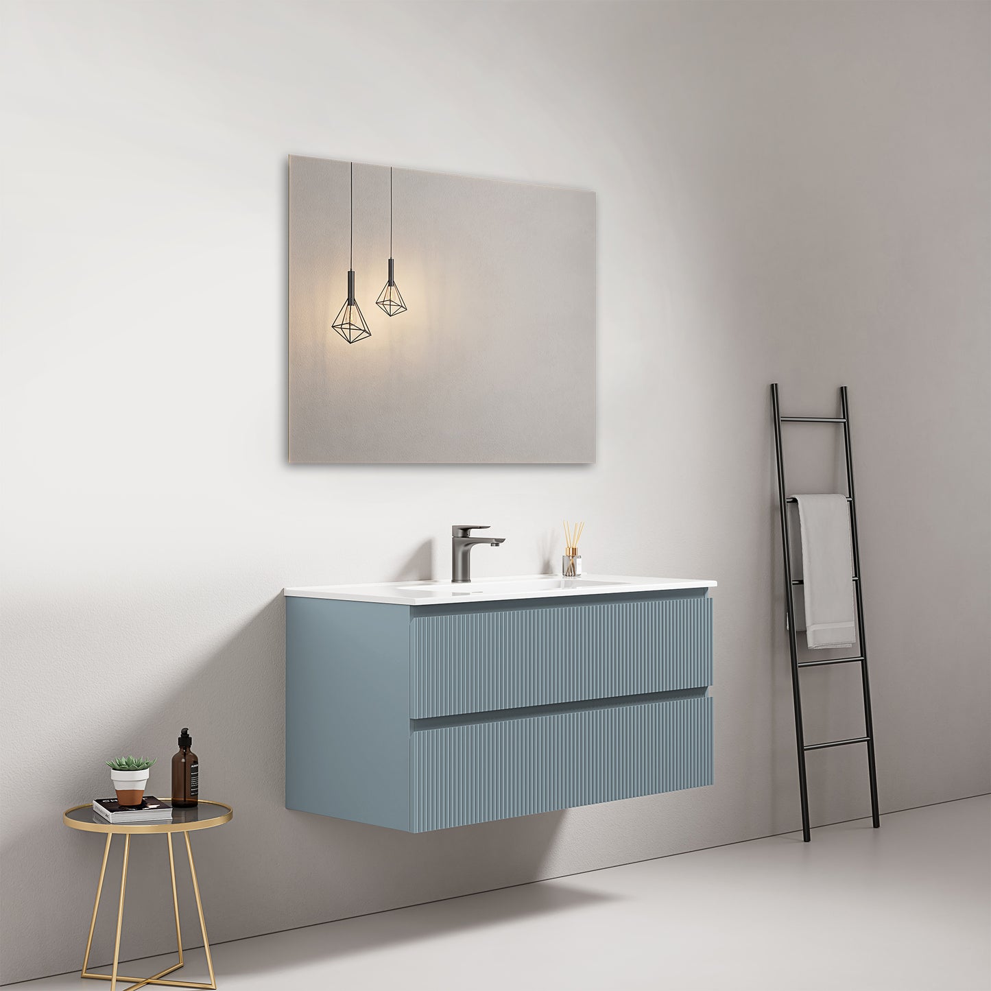 Mobile bagno sospeso cannettato 100 cm Blu Avio Lavabo in Ceramica Specchio Quadro - Fiji Paint