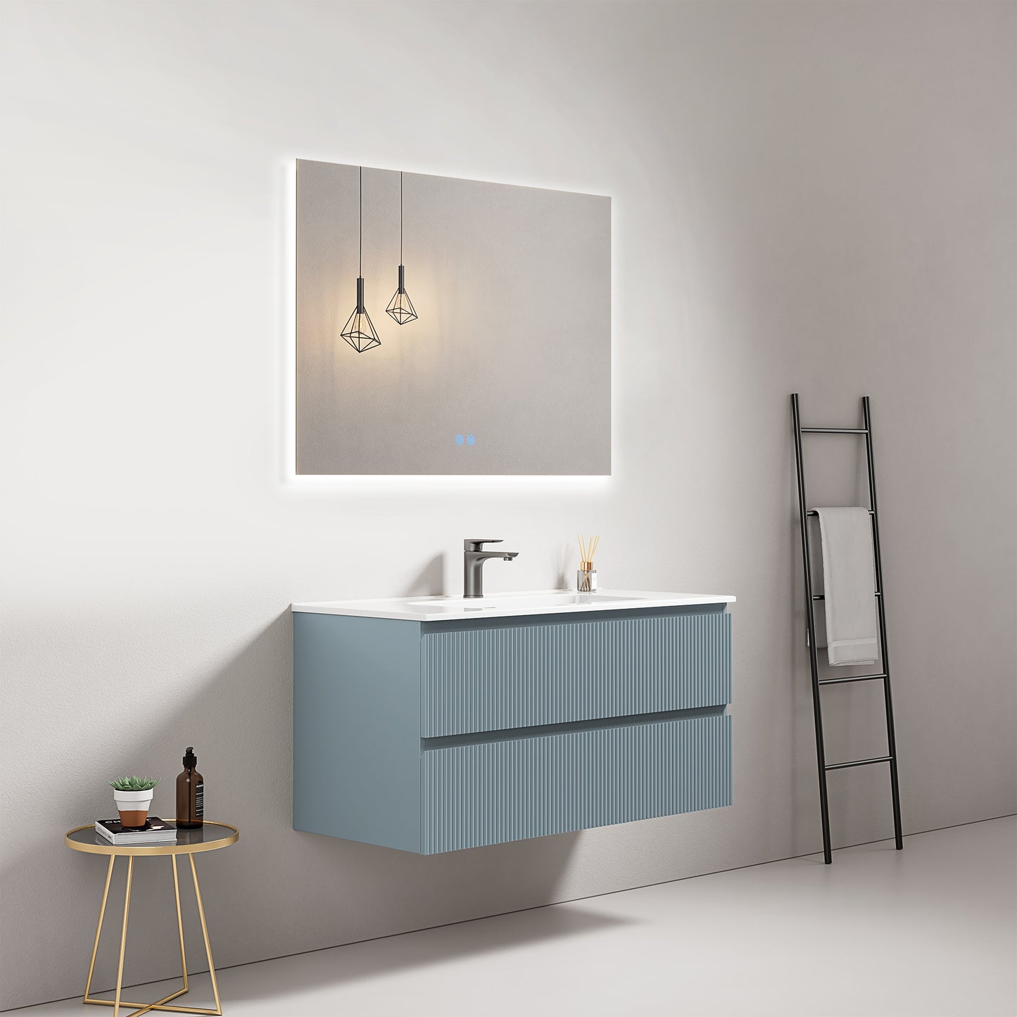Mobile bagno sospeso cannettato 100 cm Blu Avio Lavabo in Ceramica Specchio Quadro Retroilluminato - Fiji Paint