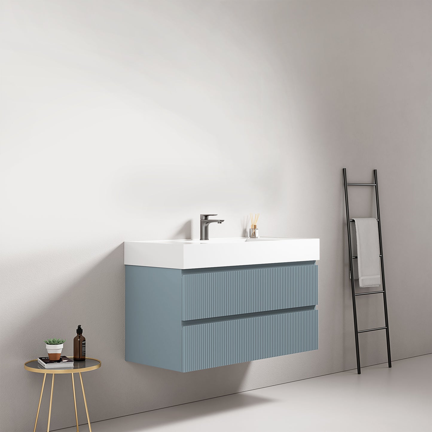 Mobile bagno sospeso cannettato 100 cm Blu Avio Lavabo in Resina Senza Specchio - Fiji Paint