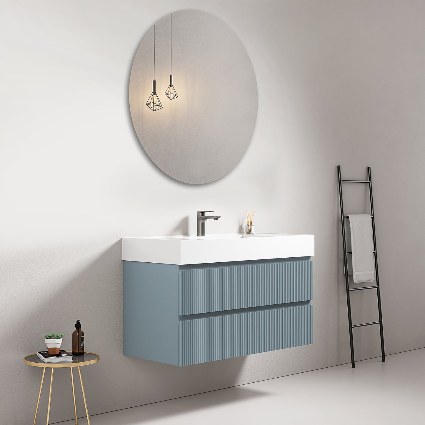 Mobile bagno sospeso cannettato 100 cm Blu Avio Lavabo in Resina Specchio Tondo - Fiji Paint