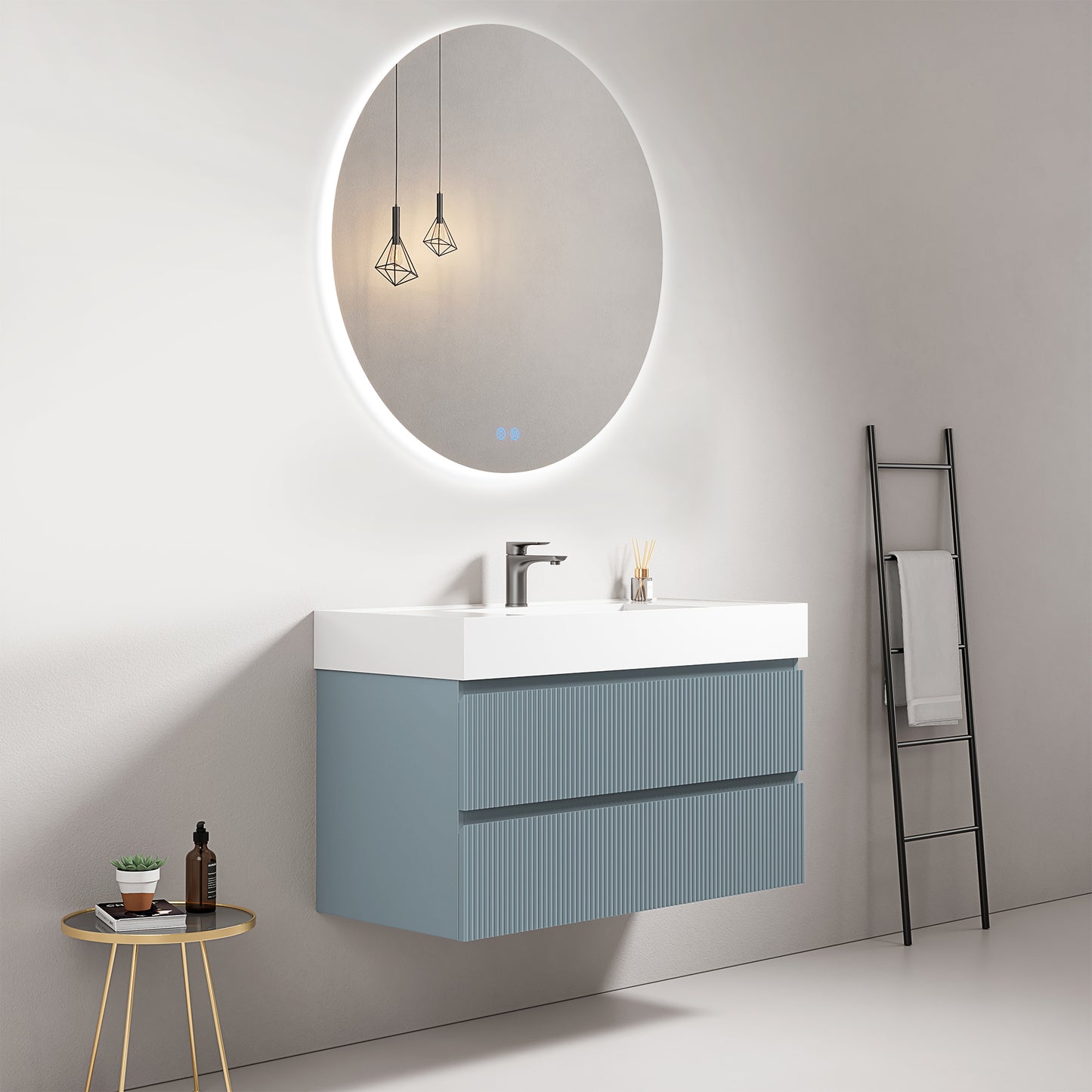 Mobile bagno sospeso cannettato 100 cm Blu Avio Lavabo in Resina Specchio Tondo Retroilluminato - Fiji Paint