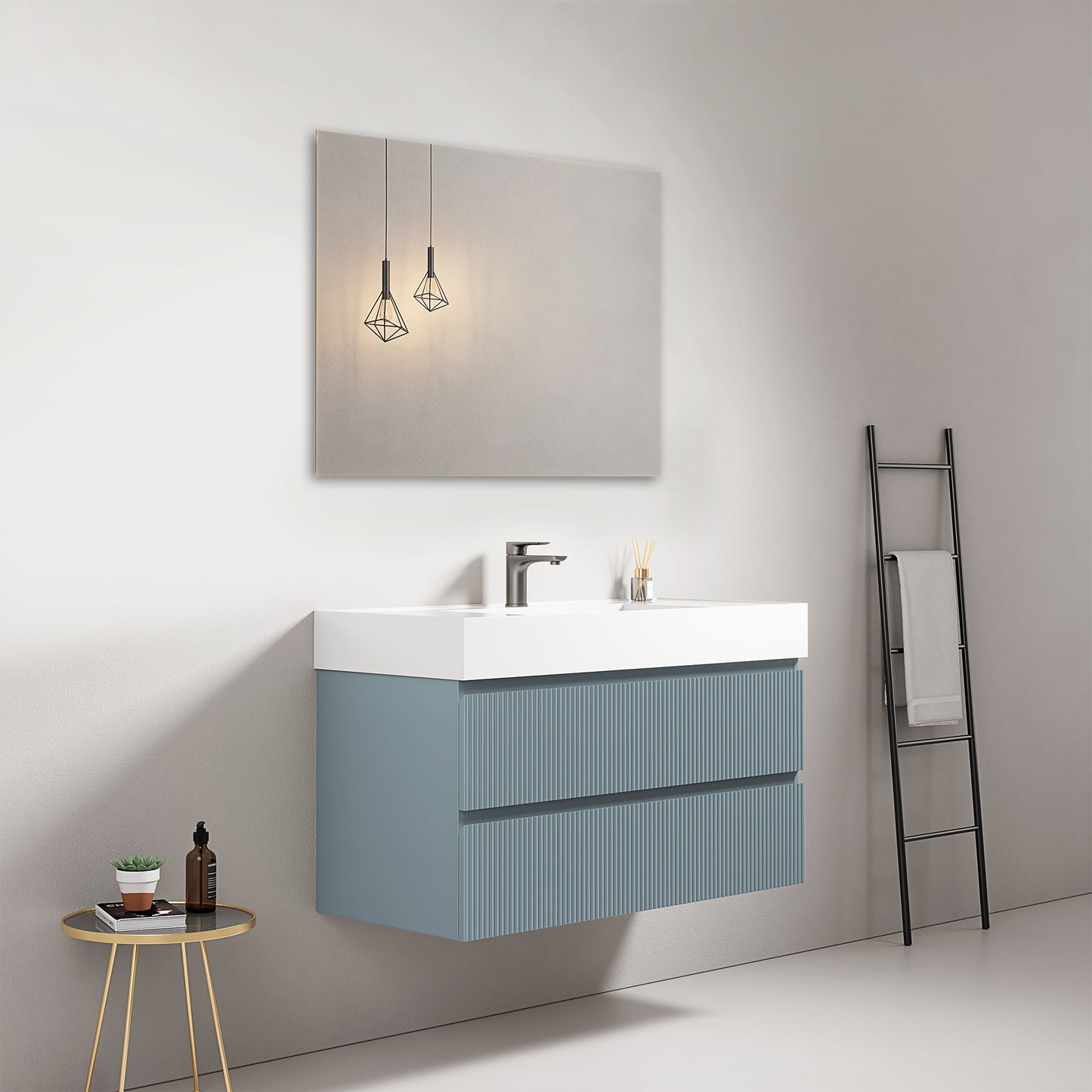 Mobile bagno sospeso cannettato 100 cm Blu Avio Lavabo in Resina Specchio Quadro - Fiji Paint