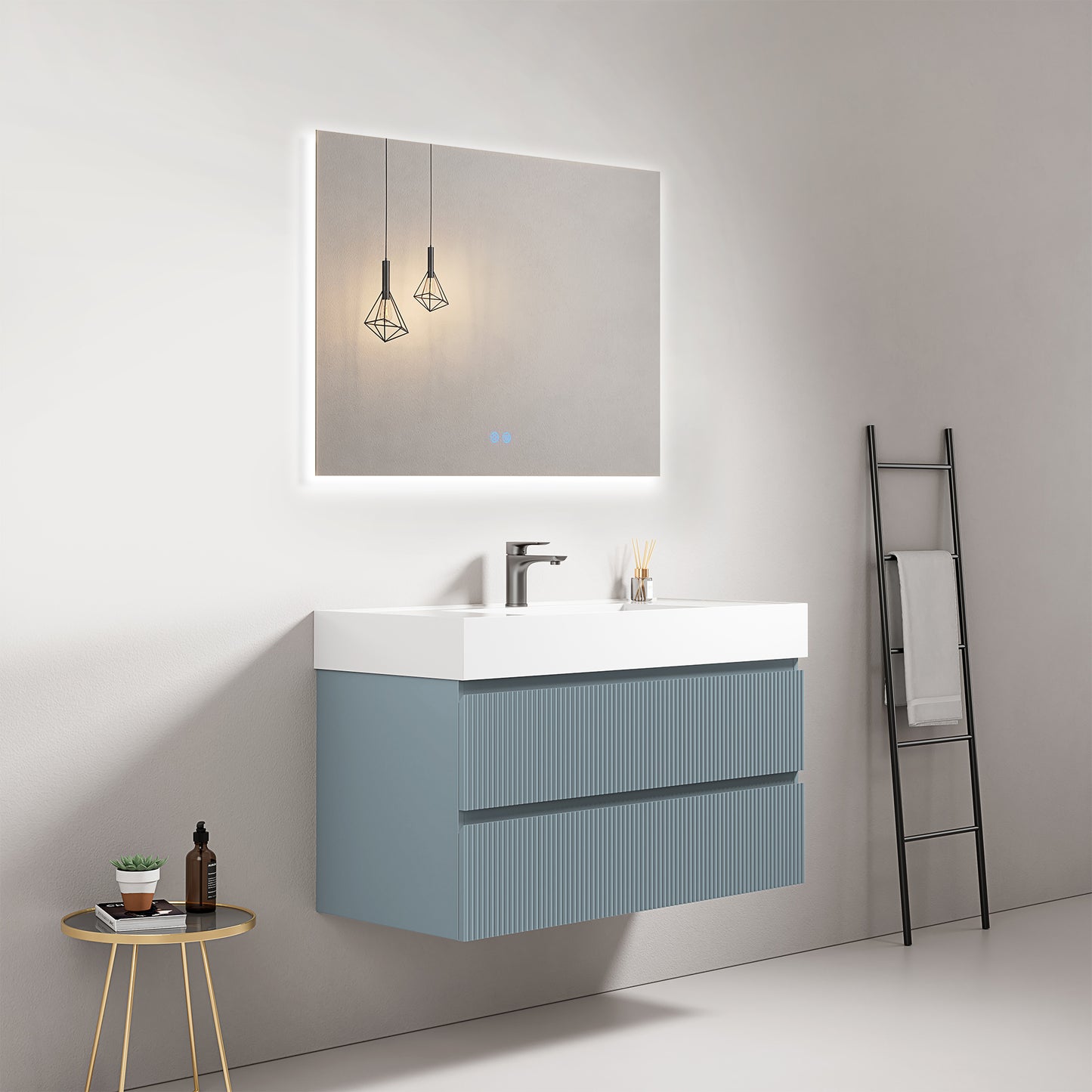 Mobile bagno sospeso cannettato 100 cm Blu Avio Lavabo in Resina Specchio Quadro Retroilluminato - Fiji Paint