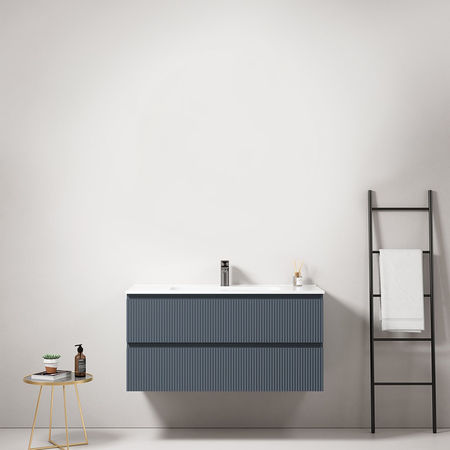 Mobile bagno sospeso cannettato 100 cm Blu Mare Lavabo in Ceramica Senza Specchio - Fiji Paint