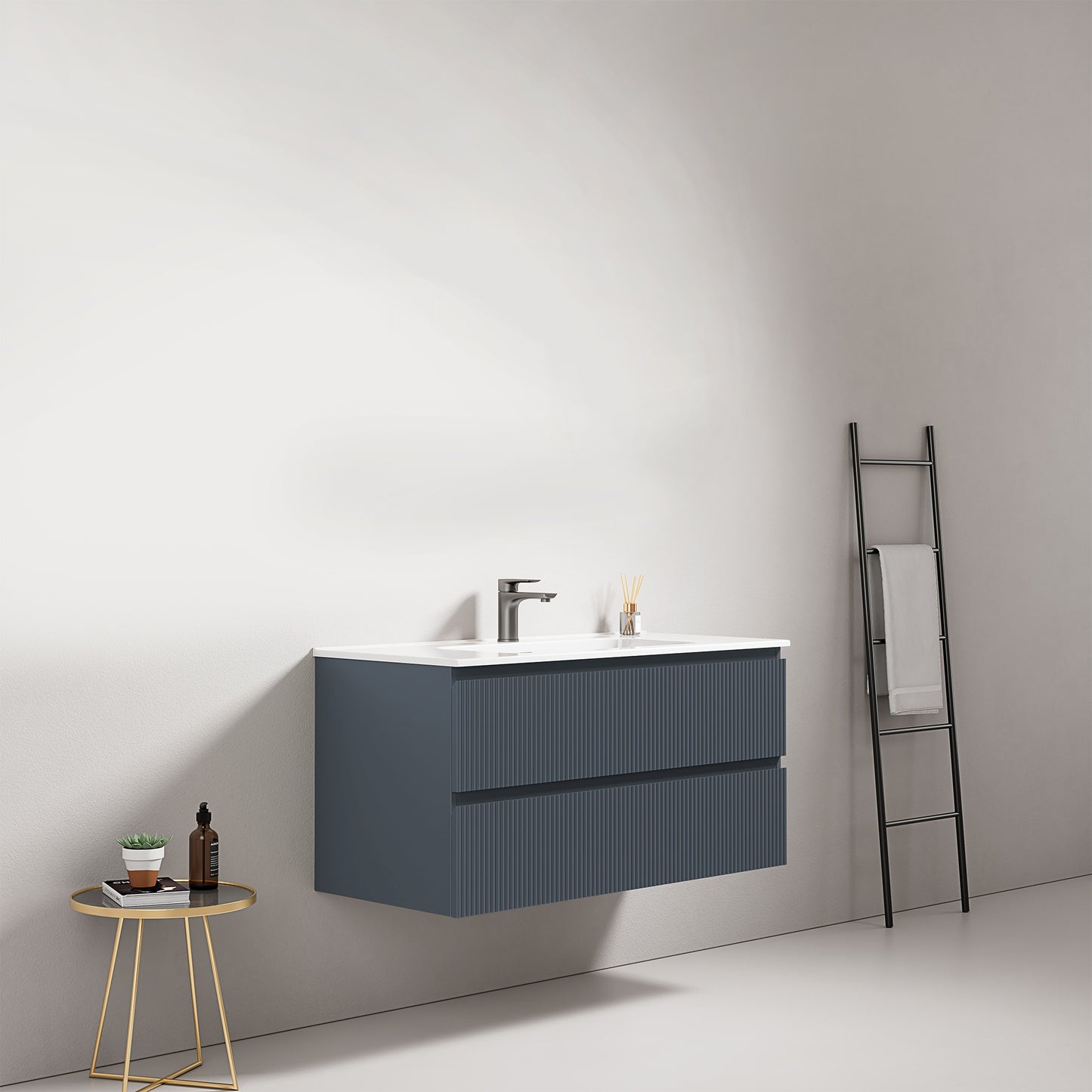 Mobile bagno sospeso cannettato 100 cm Blu Mare Lavabo in Ceramica Senza Specchio - Fiji Paint