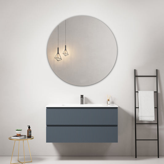 Mobile bagno sospeso cannettato 100 cm Blu Mare Lavabo in Ceramica Specchio Tondo - Fiji Paint