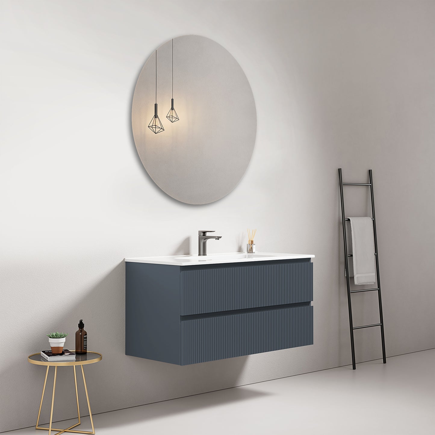 Mobile bagno sospeso cannettato 100 cm Blu Mare Lavabo in Ceramica Specchio Tondo - Fiji Paint