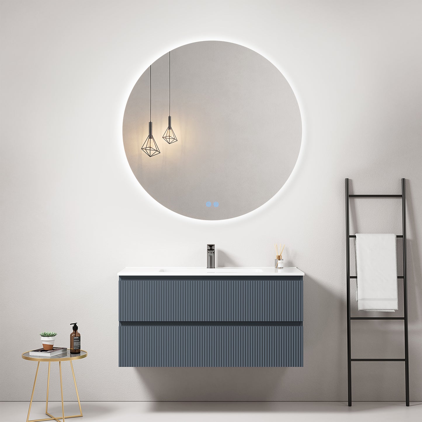 Mobile bagno sospeso cannettato 100 cm Blu Mare Lavabo in Ceramica Specchio Tondo Retroilluminato - Fiji Paint