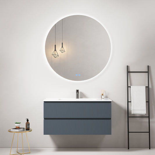 Mobile bagno sospeso cannettato 100 cm Blu Mare Lavabo in Ceramica Specchio Tondo Retroilluminato - Fiji Paint
