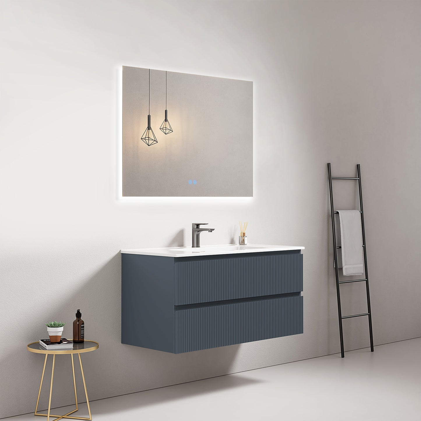 Mobile bagno sospeso cannettato 100 cm Blu Mare Lavabo in Ceramica Specchio Quadro Retroilluminato - Fiji Paint