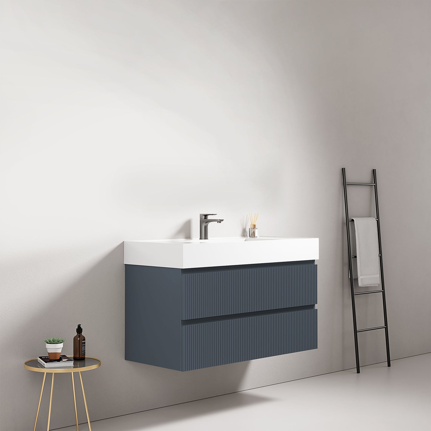 Mobile bagno sospeso cannettato 100 cm Blu Mare Lavabo in Resina Senza Specchio - Fiji Paint