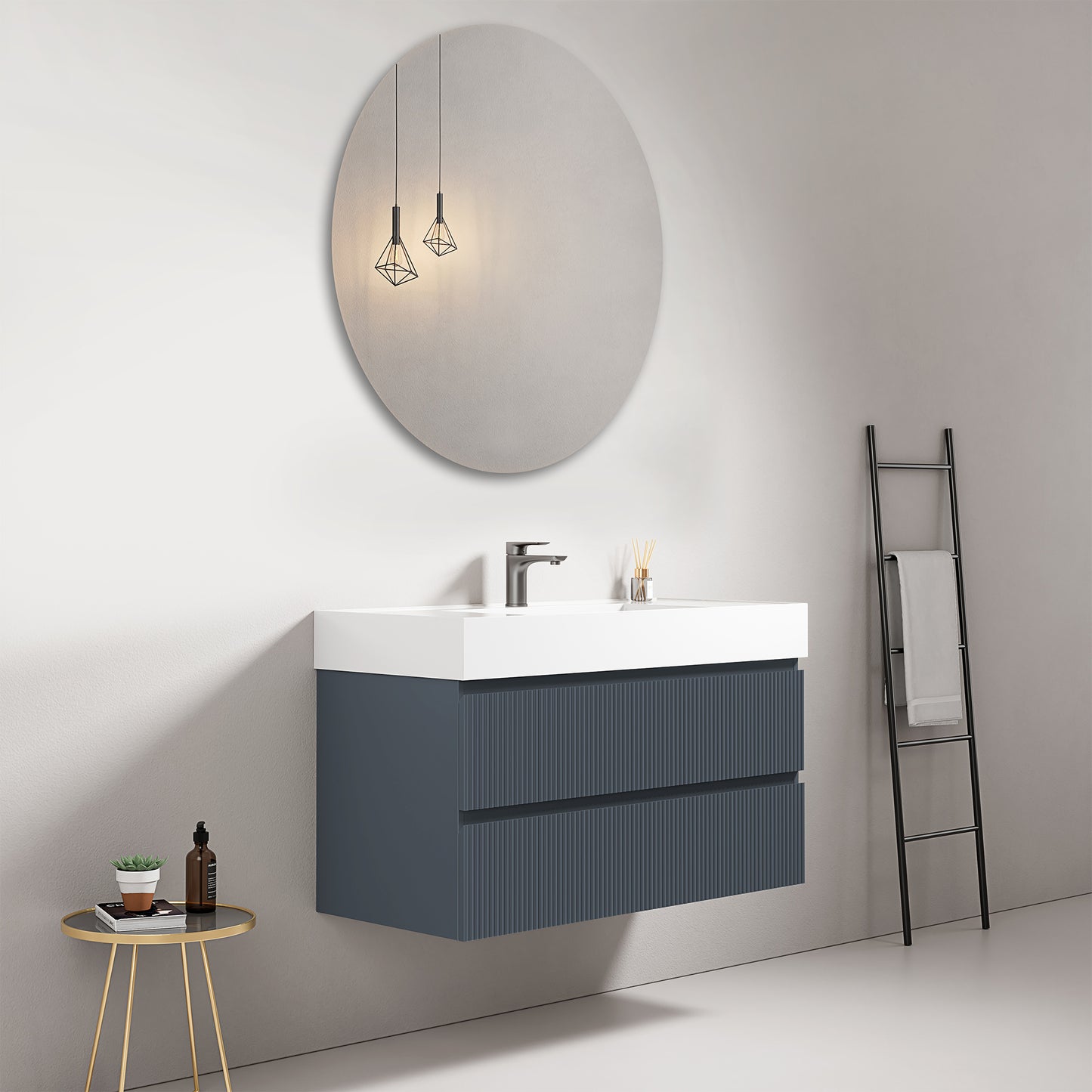 Mobile bagno sospeso cannettato 100 cm Blu Mare Lavabo in Resina Specchio Tondo - Fiji Paint