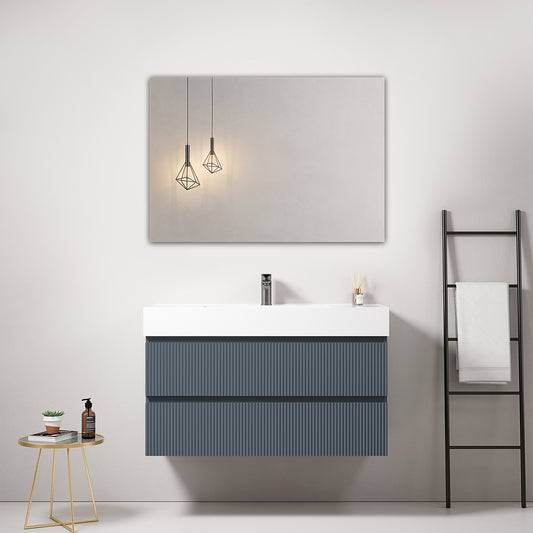 Mobile bagno sospeso cannettato 100 cm Blu Mare Lavabo in Resina Specchio Quadro - Fiji Paint
