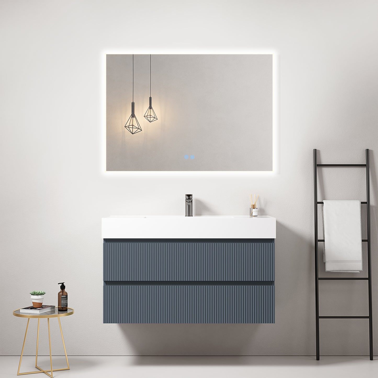 Mobile bagno sospeso cannettato 100 cm Blu Mare Lavabo in Resina Specchio Quadro Retroilluminato - Fiji Paint