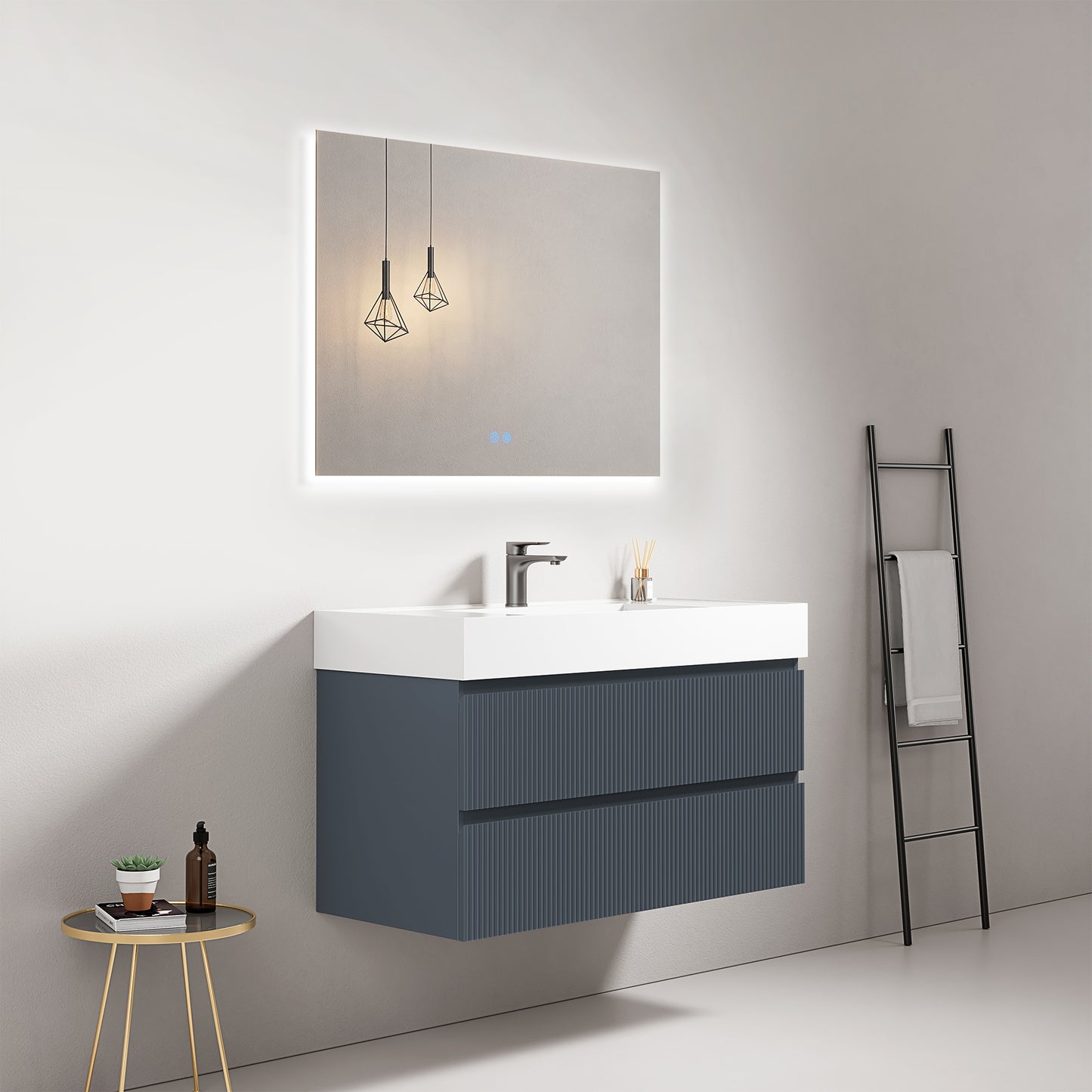 Mobile bagno sospeso cannettato 100 cm Blu Mare Lavabo in Resina Specchio Quadro Retroilluminato - Fiji Paint