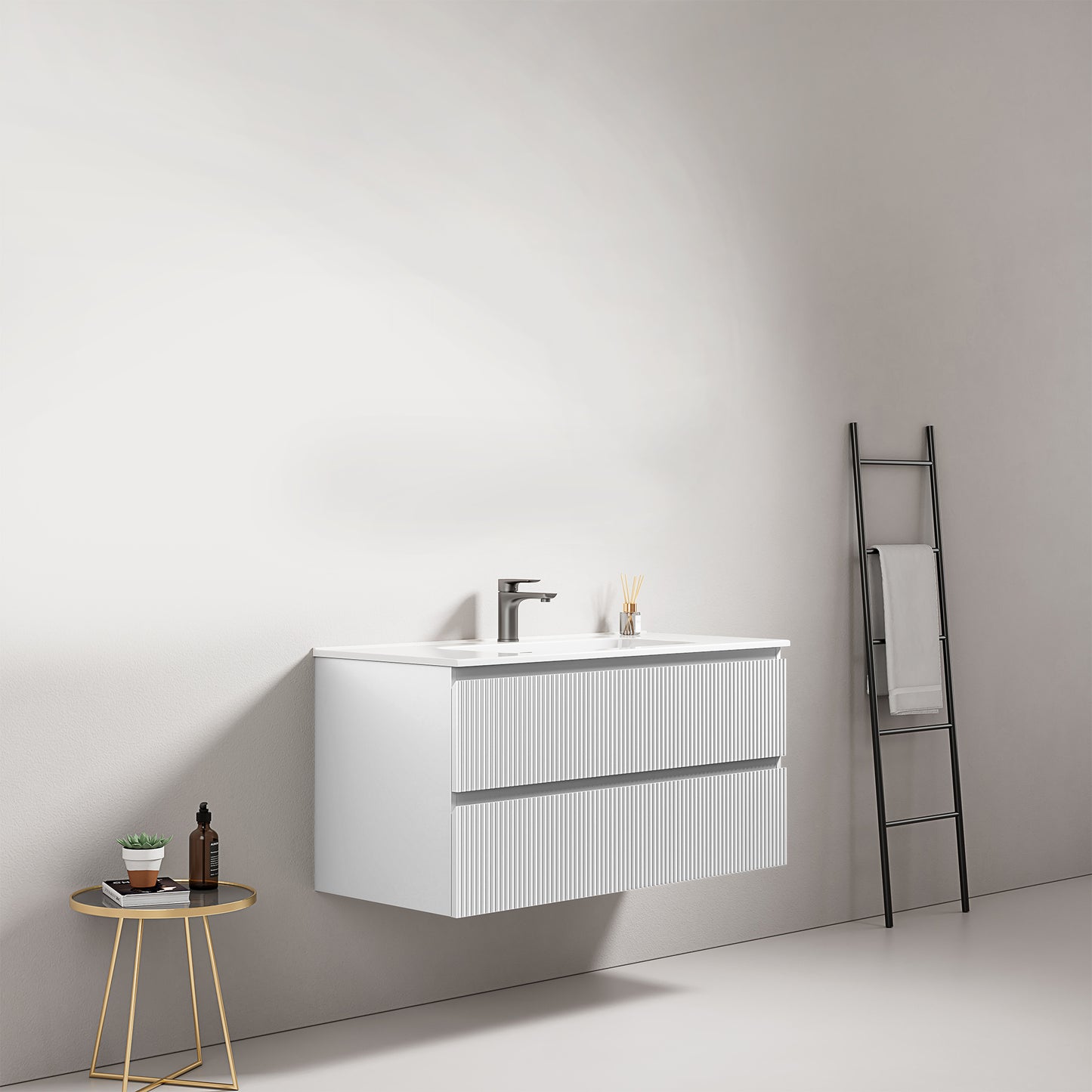 Mobile bagno sospeso cannettato 100 cm Bianco Lavabo in Ceramica Senza Specchio - Fiji Paint