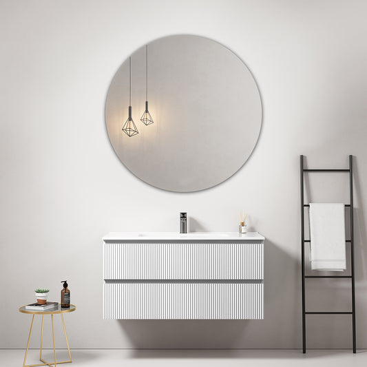 Mobile bagno sospeso cannettato 100 cm Bianco Lavabo in Ceramica Specchio Tondo - Fiji Paint