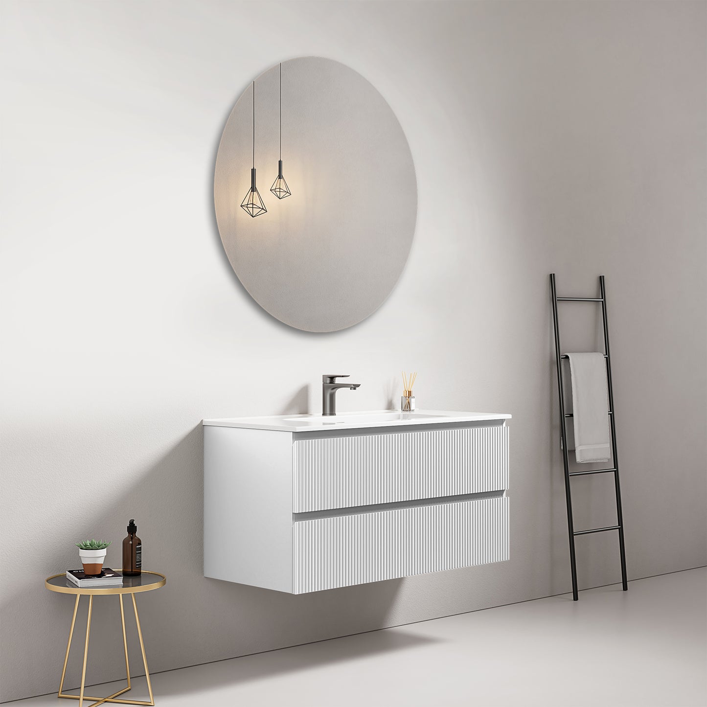 Mobile bagno sospeso cannettato 100 cm Bianco Lavabo in Ceramica Specchio Tondo - Fiji Paint