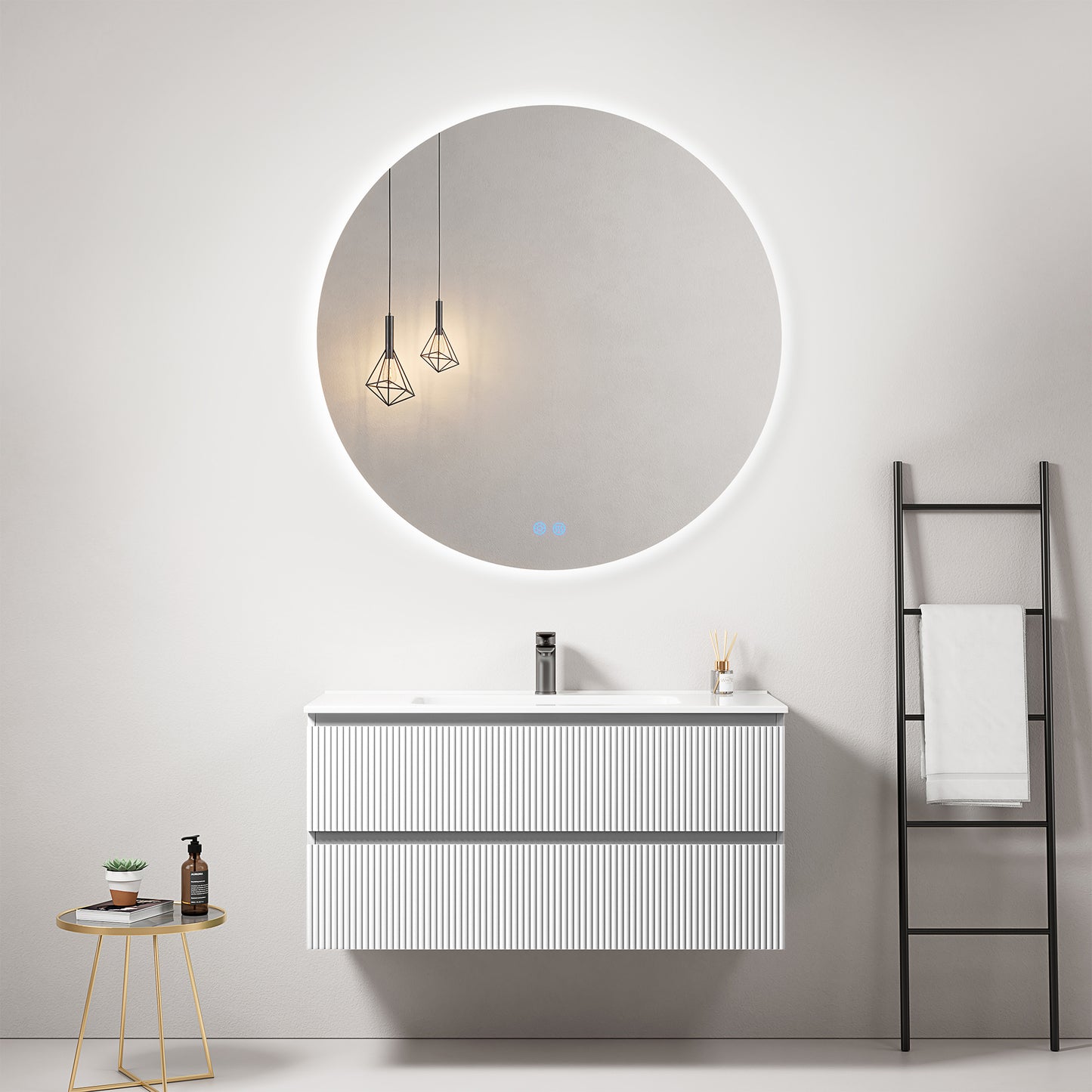 Mobile bagno sospeso cannettato 100 cm Bianco Lavabo in Ceramica Specchio Tondo Retroilluminato - Fiji Paint