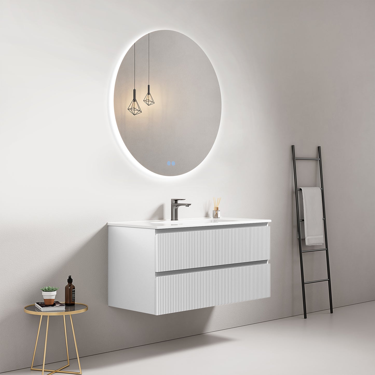 Mobile bagno sospeso cannettato 100 cm Bianco Lavabo in Ceramica Specchio Tondo Retroilluminato - Fiji Paint