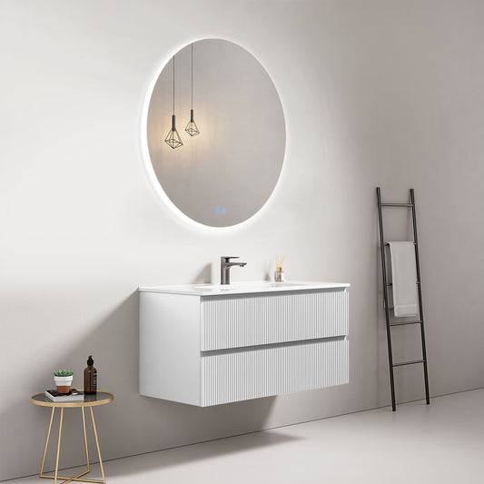 Mobile bagno sospeso cannettato 100 cm Bianco Lavabo in Ceramica Specchio Tondo Retroilluminato - Fiji Paint