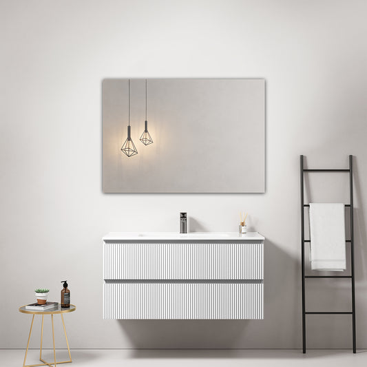 Mobile bagno sospeso cannettato 100 cm Bianco Lavabo in Ceramica Specchio Quadro - Fiji Paint