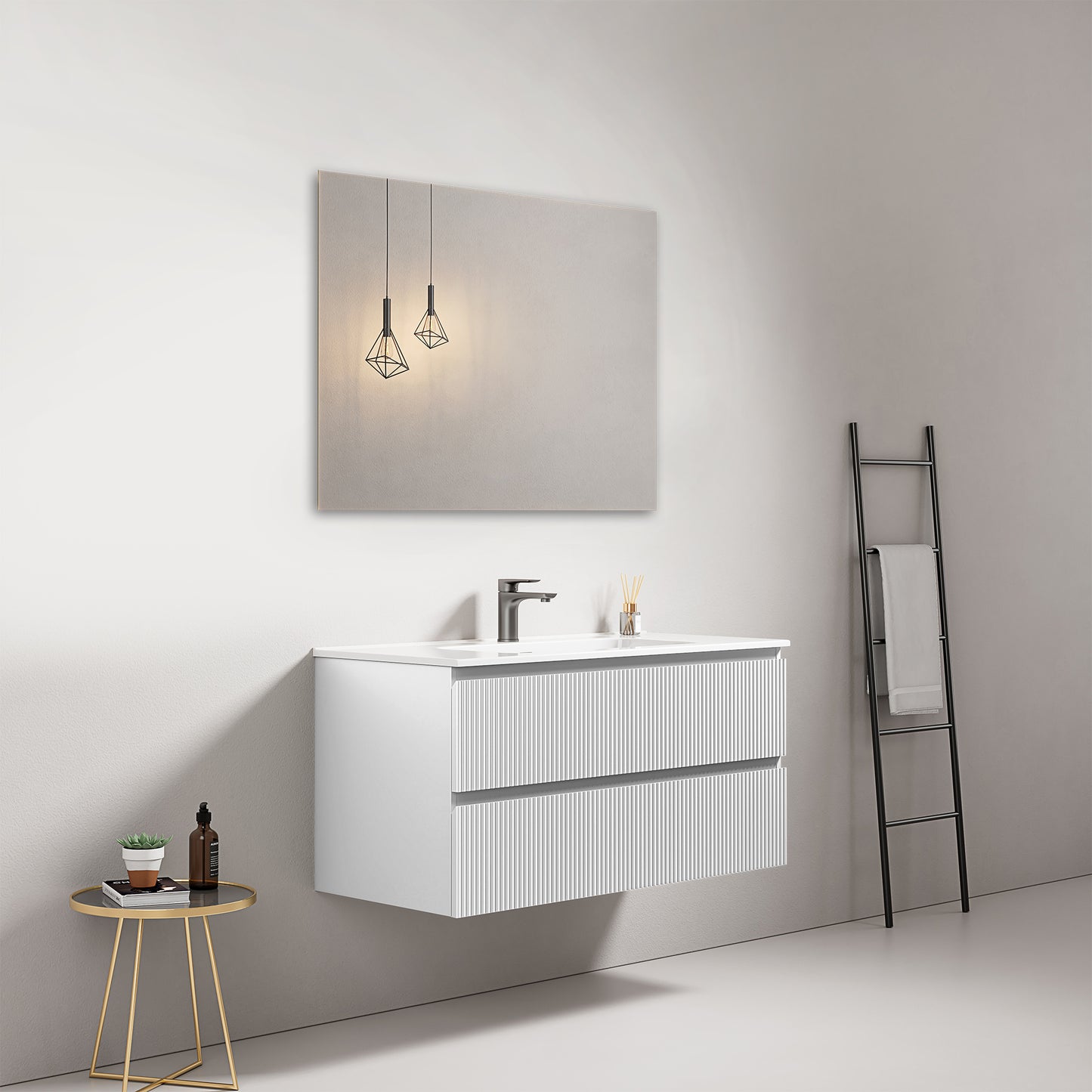Mobile bagno sospeso cannettato 100 cm Bianco Lavabo in Ceramica Specchio Quadro - Fiji Paint