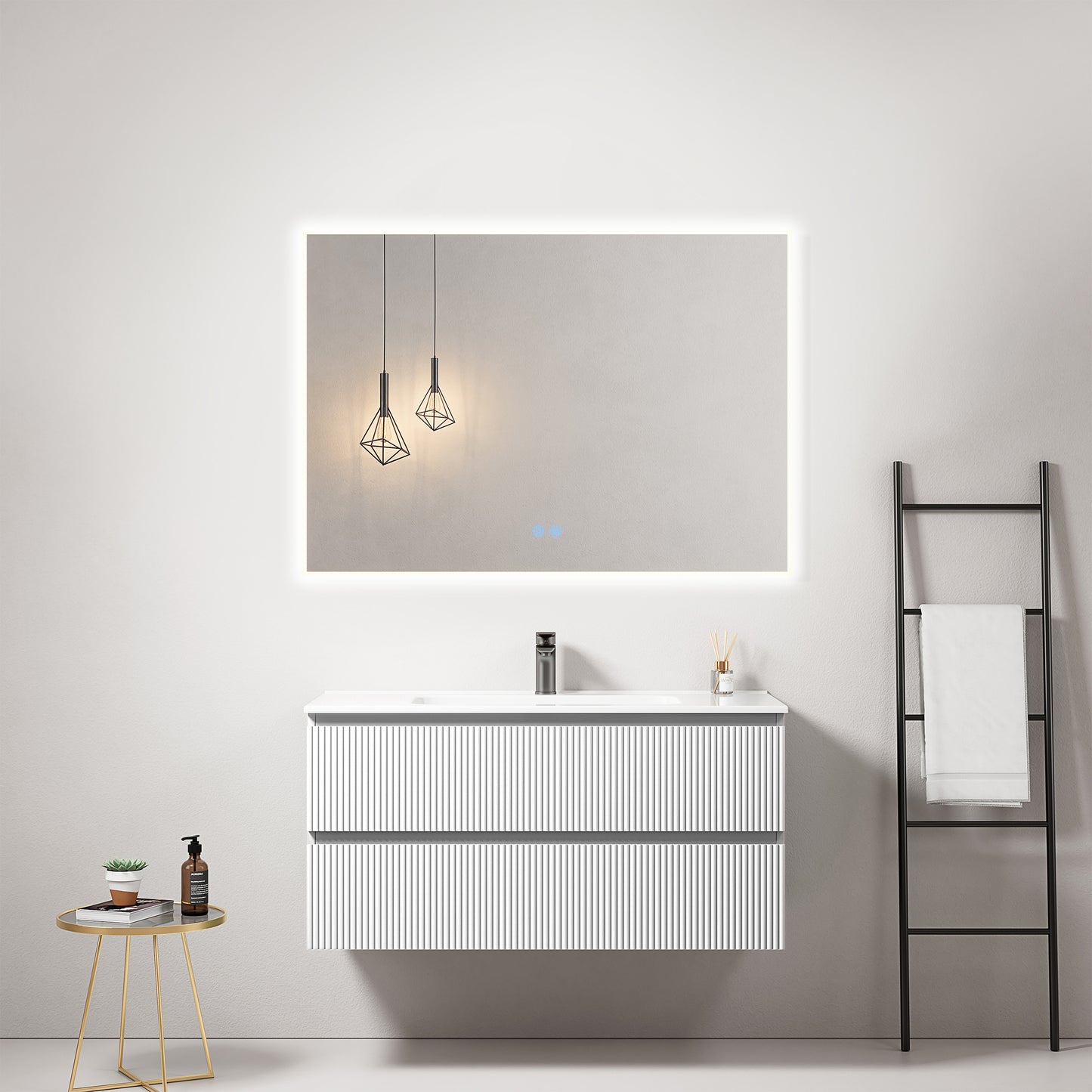 Mobile bagno sospeso cannettato 100 cm Bianco Lavabo in Ceramica Specchio Quadro Retroilluminato - Fiji Paint