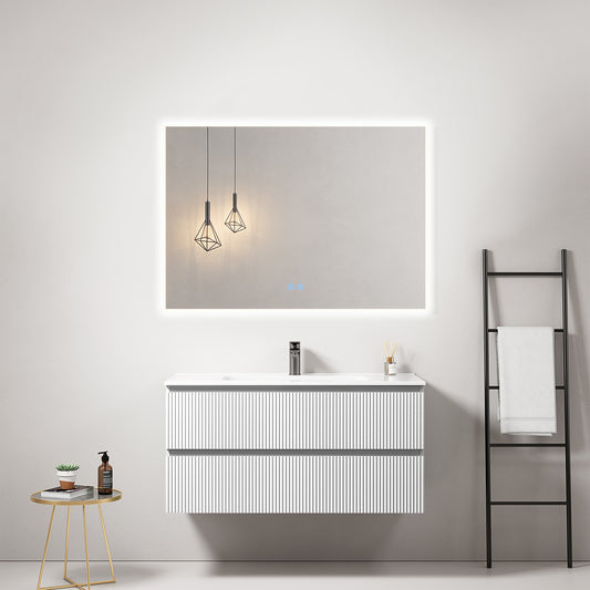 Mobile bagno sospeso cannettato 100 cm Bianco Lavabo in Ceramica Specchio Quadro Retroilluminato - Fiji Paint