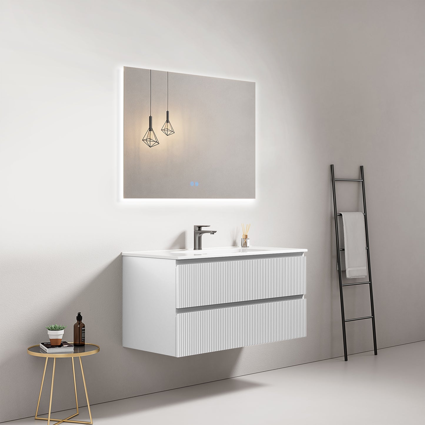Mobile bagno sospeso cannettato 100 cm Bianco Lavabo in Ceramica Specchio Quadro Retroilluminato - Fiji Paint