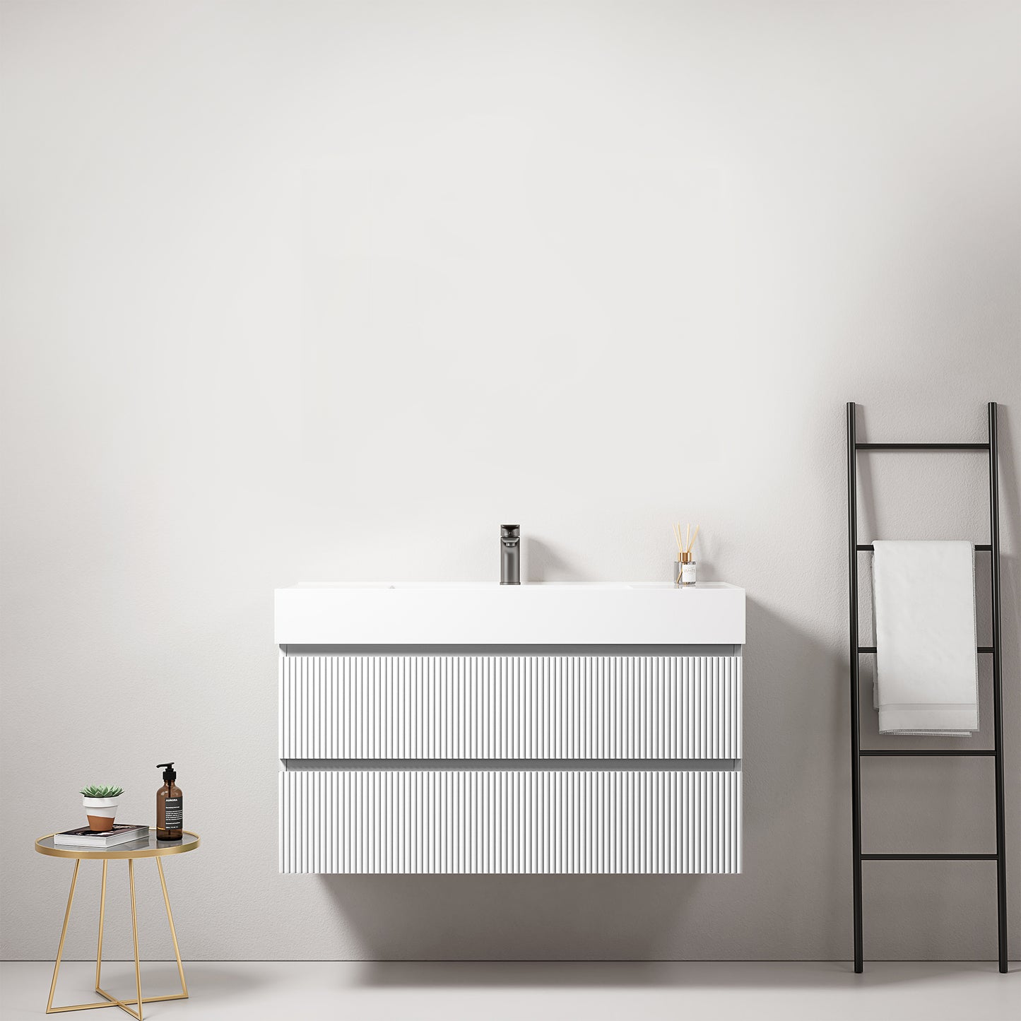 Mobile bagno sospeso cannettato 100 cm Bianco Lavabo in Resina Senza Specchio - Fiji Paint