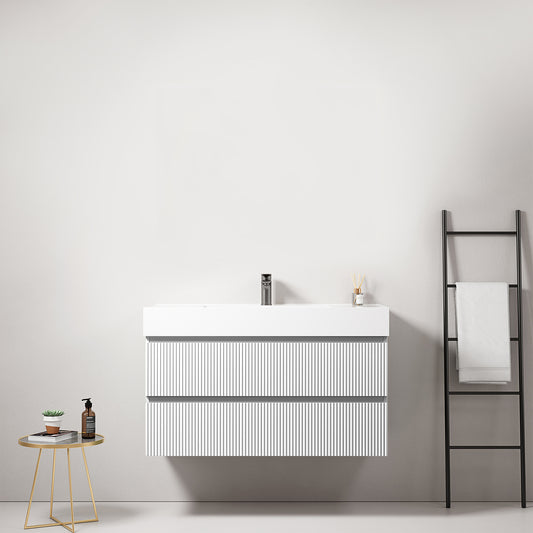 Mobile bagno sospeso cannettato 100 cm Bianco Lavabo in Resina Senza Specchio - Fiji Paint