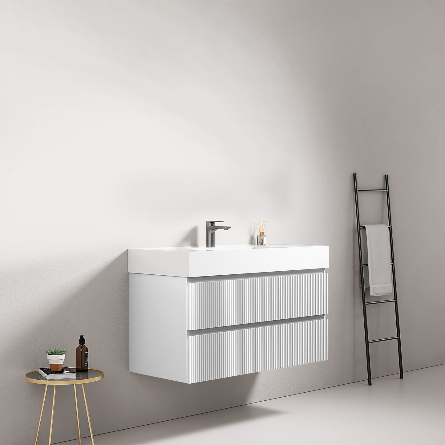 Mobile bagno sospeso cannettato 100 cm Bianco Lavabo in Resina Senza Specchio - Fiji Paint