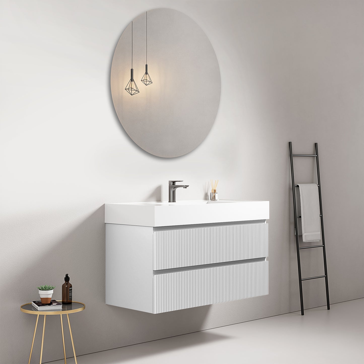 Mobile bagno sospeso cannettato 100 cm Bianco Lavabo in Resina Specchio Tondo - Fiji Paint
