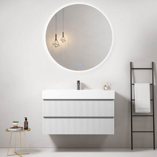 Mobile bagno sospeso cannettato 100 cm Bianco Lavabo in Resina Specchio Tondo Retroilluminato - Fiji Paint