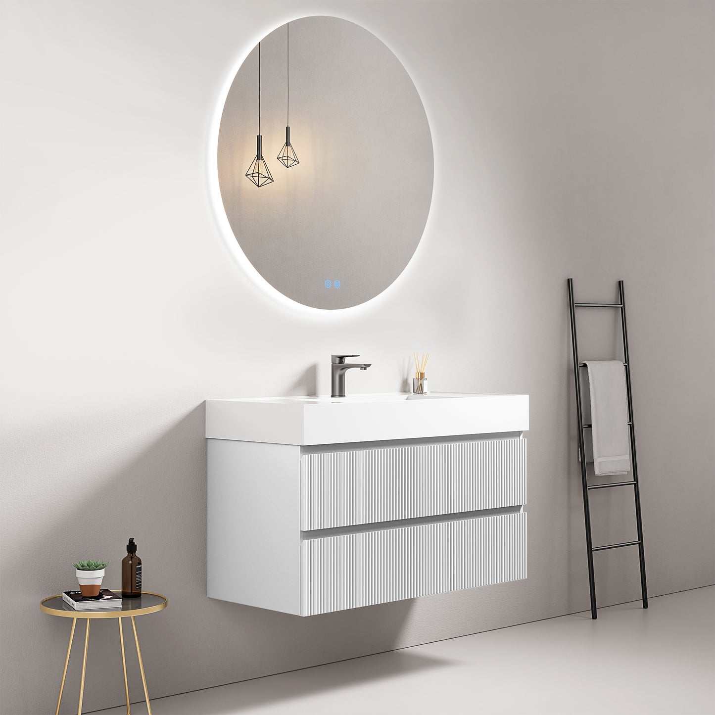 Mobile bagno sospeso cannettato 100 cm Bianco Lavabo in Resina Specchio Tondo Retroilluminato - Fiji Paint