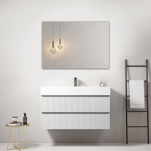 Mobile bagno sospeso cannettato 100 cm Bianco Lavabo in Resina Specchio Quadro - Fiji Paint